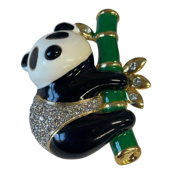 Enamel Rhinestone Panda Brooch Pin With Green Bamboo Gold-Tone Accent Jewelry - Picture 2 of 4